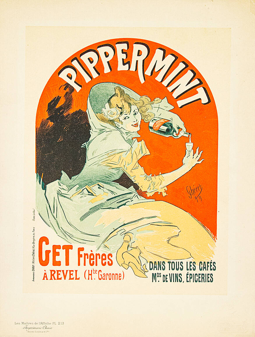 A color lithograph of a woman with a green dress pouring a drink into a glass.